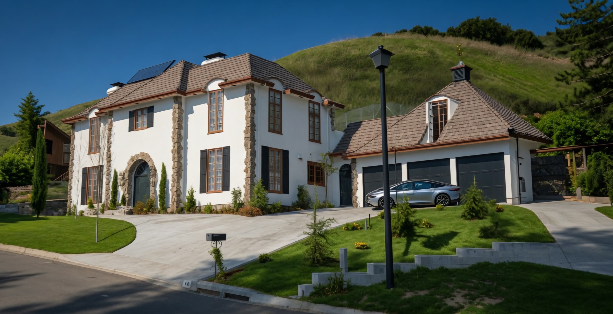 Two-story residence designed by Bill Mageloff — white stucco with stone accents, brown roof, and three-car garage